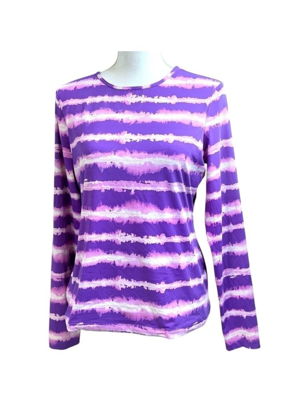 Lands End Top Tie Dye Stretch Rash Guard Swim Shirt Purple Pink Stripe Women SM